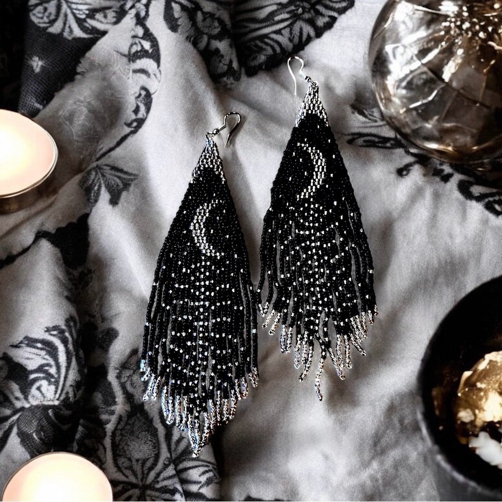 Witchy Boho Gothic Black and Silver Beaded Chandelier Earrings Cascading Fringe